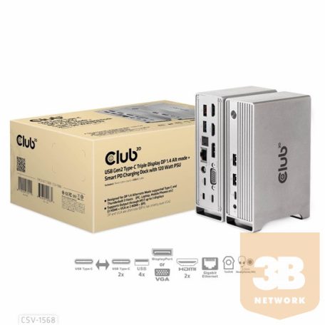 DOC Club3D USB Gen2 Type-C Triple Display DP 1.4 Alt mode + Smart PD Töltődokkoló - 120 Watt PSU