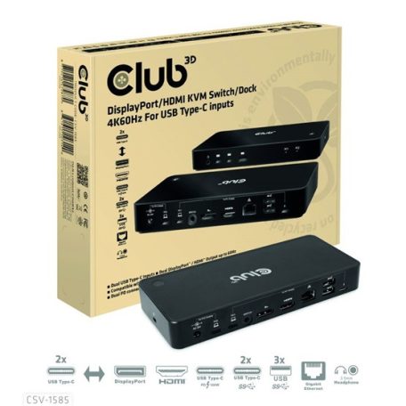 ADA Club3D DisplayPort/HDMI KVM Switch/Dock 4K60Hz For USB Type-C kimenet