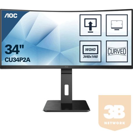 AOC ívelt monitor 34" - CU34P2A 3440x1440, 21:9, 300 cd/m2, 1 ms, HDMIx2, DisplayPort, USBx4, hangszóró