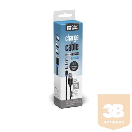 COLORWAY Kábel, Cable 3in1 (Lightning+MicroUSB+Type-C) Magnetic 2.4A 1M black (CW-CBUU020-BK)