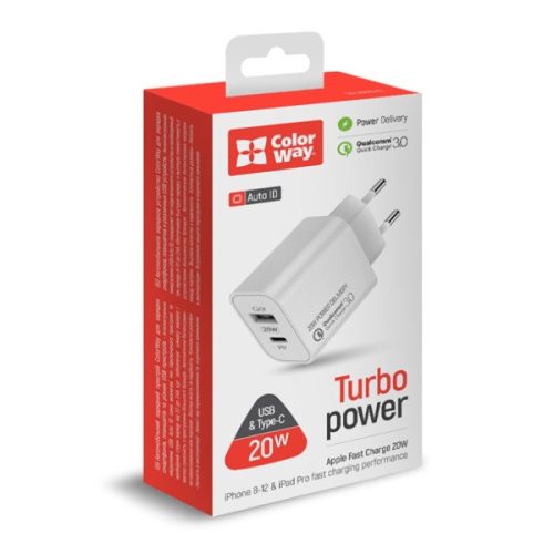 COLORWAY USB töltő adapter, (Type-C PD + USB QC3.0) (20W) V2 white