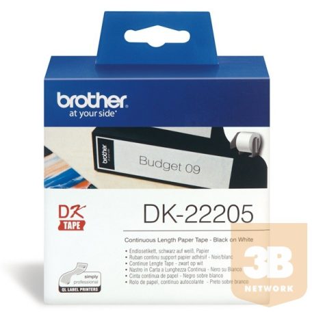 BROTHER Etikett címke DK22205, Fehér alapon fekete papírszalag tekercsben 62mm, 62mm x 30.48M