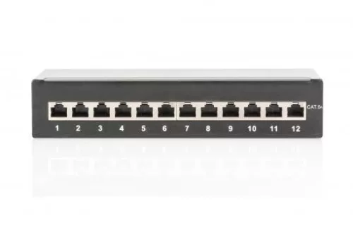 DIGITUS Patch Panel desktop 12Port RJ45 Cat6a shielded black RAL9005 installation over LSA  up to 500 MHz