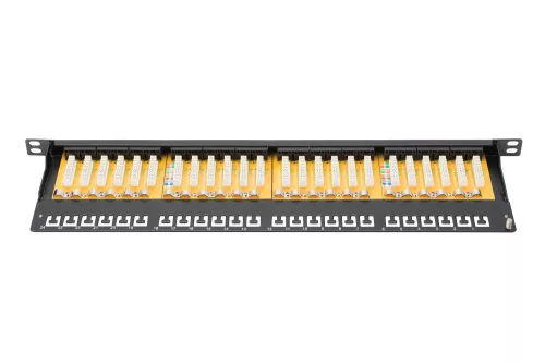 DIGITUS Patch Panel 19inch 24Port Cat6 unshielded 0.5U grey RAL7035 cable installation about LSA with dust protection