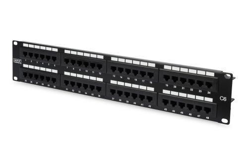 DIGITUS Patch Panel 19inch 48Port 2U Cat6 unshielded black RAL 9005 cableinstallation about LSA w/o LSA cover