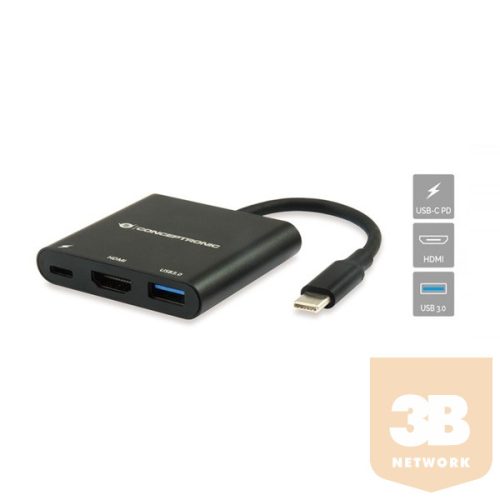 Conceptronic Notebook Dokkoló - DONN01B (Bemenet: USB-C, Kimenet: HDMI+USB-C PD:60W+USB-A 3.0, fekete)