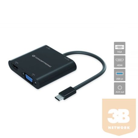 Conceptronic Notebook Dokkoló - DONN09B (Bemenet: USB-C, Kimenet: HDMI+VGA+USB-A+AUX, fekete)