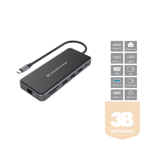 Conceptronic Notebook Dokkoló - DONN15G (Bemenet: USB-C, Kimenet: 2xHDMI+VGA+USB-C PD:100W+3xUSB-A+RJ-45+SD/TF+AUX)