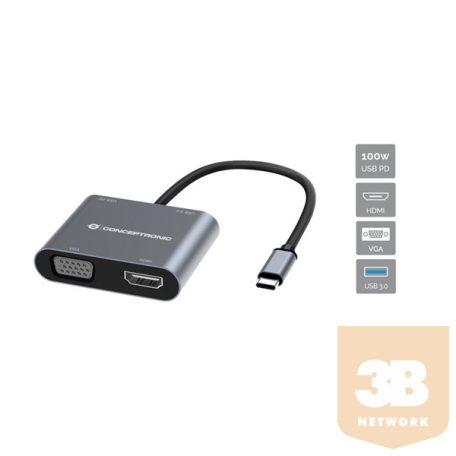 Conceptronic Notebook Dokkoló - DONN16G (Bemenet: USB-C, Kimenet: HDMI+VGA+USB-A PD:100W, ezüst)