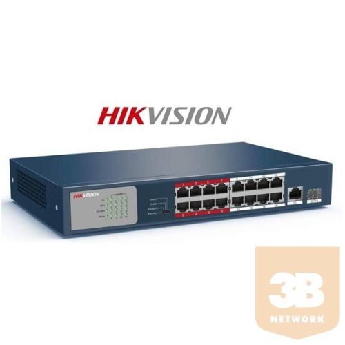 Hikvision DS-3E0318P-E/M PoE switch, 16x 10/100 PoE(135W) + 1x gigabit combo port, L2, nem menedzselhető