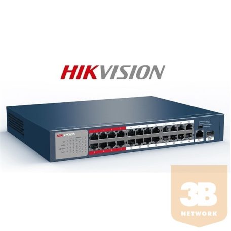 Hikvision DS-3E0326P-E/M PoE switch, 24x 10/100 PoE(225W) + 1x gigabit combo port, L2, nem menedzselhető