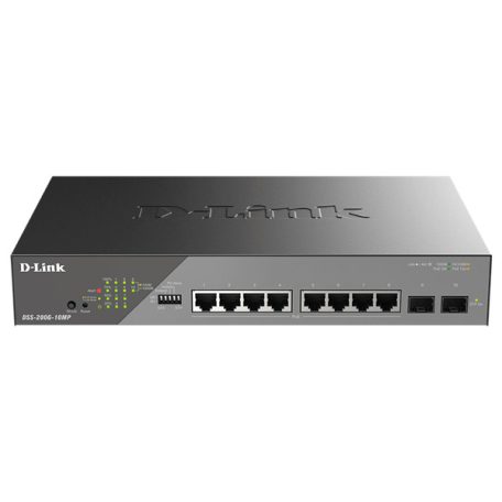 D-LINK Switch 8x1000Mbps(8xPOE) + 2xSFP Uplink Fémházas, Surveillance Menedzselhető Rackes 130 Watt POE, DSS-200G-10MP/E