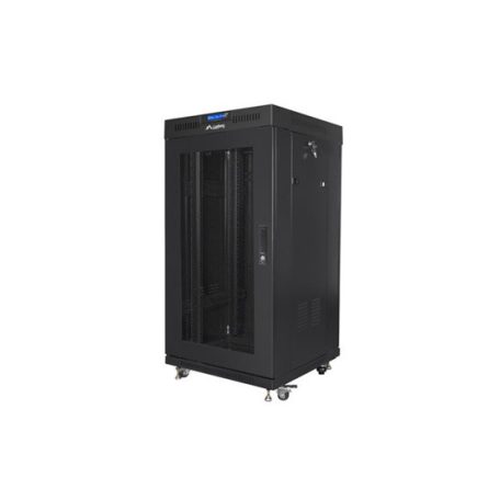 19" szabadonálló rack szekrény 22U/600X600 perforált ajtó, lapraszerelt, LCD kijelző, fekete V2