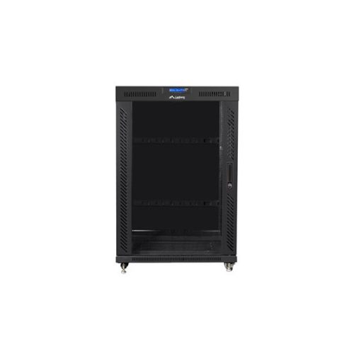 19" szabadonálló rack szekrény 22U/800X1000 üvegajtó, lapraszerelt, LCD kijelző, fekete V2