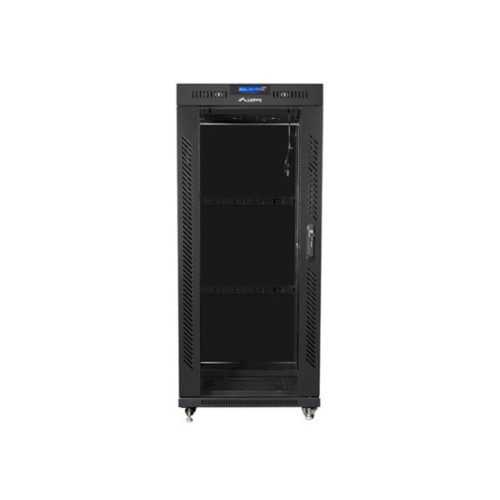 19" szabadonálló rack szekrény 27U/800X1200 üvegajtó, lapraszerelt, LCD kijelző, fekete