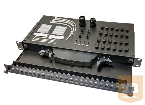 Optikai patch panel 19" (24xSC simpl. / LC dpx. / E2000 simpl. toldók számára), toldók nélkül