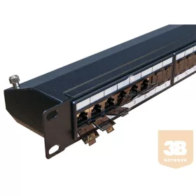   FTP Cat6 patch panel, 24 portos, tehermentesítővel + porvédős aljzatok