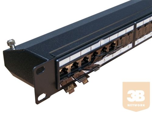 FTP Cat6 patch panel, 24 portos, tehermentesítővel + porvédős aljzatok