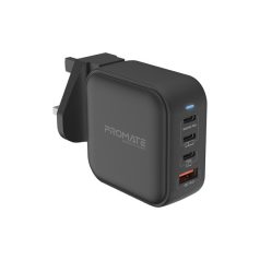   Promate Univerzális adapter - GANPORT4 100PD (1xUSB-A, 3xUSB-C, 100W PD, QC3.0, US/UK/EU dugó, fekete)