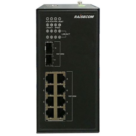 RAISECOM L2 DIN sínes menedzselhető ipari switch, 2xGE SFP + 8xGE RJ45 PoE (30W/240W), 2xDC