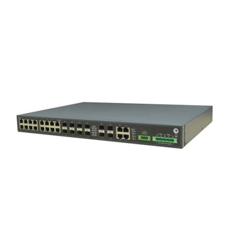 RAISECOM L3 menedzselhető ipari switch, 19"RM, 12x10G SFP+ +24xGE RJ45, (+ 2xAC TÁP!)