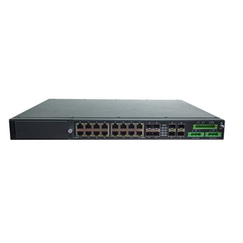 RAISECOM L2 menedzselhető ipari switch, 19"RM, 4x10G SFP++4xGE combo+12xGE RJ45+1 bővítőhely,2xDC