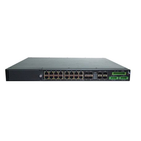 RAISECOM L2 PoE ipari switch,19"RM, 4x10G SFP++4xGE combo+12xGE RJ45 90W PoE+1 bővítőhely,2xDC,540W