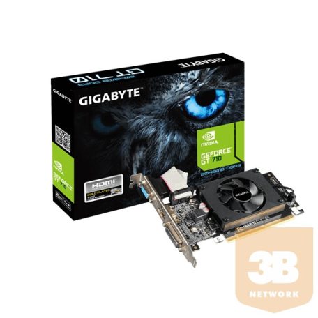 Gigabyte PCI-E Nvidia GT710 (2048MB DDR3, 64bit, 954/1600MHz, Dsub, DVI, HDMI, Single Slot Ventilátor)