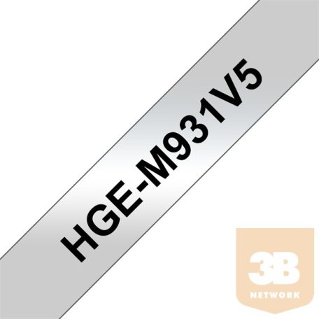 BROTHER Festékszalag HGe-M931, Matt ezüst alapon Fekete, Nagy sebességű, 12mm 0.47", 8 méter, 5db/csomag