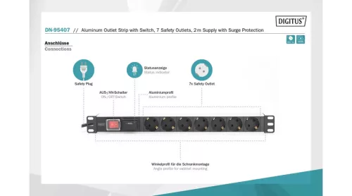 Digitus 7 aljzatos 19" rack PDU túlfesz védett
