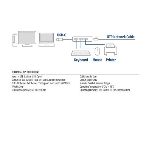 ACT AC7055 USB-C Hub 3 port with Gigabyte Ethernet Grey
