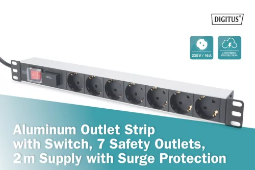 Digitus Aluminum outlet strip with switch 7 safety outlets 2m supply with surge protection