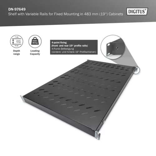 Digitus 1U fixed shelf for 1000mm depth racks 44x482x700mm adjust. 700-900mm depth Black