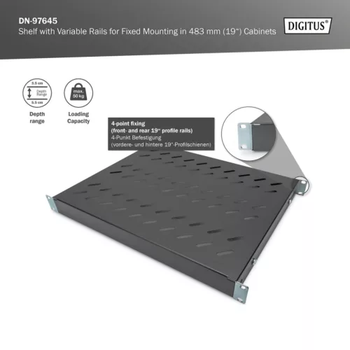 Digitus 1U fixed shelf for 600mm depth racks 44x482x350mm adjust. 350-550mm Depth Black