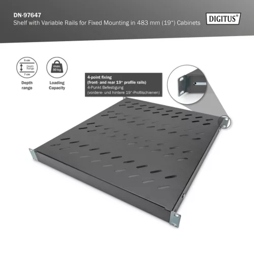 Digitus 1U fixed shelf for 800mm depth racks 44x482x500mm adjust. 500-700mm depth Black
