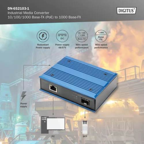 Digitus DN-652103-1 10/100/1000 Base-TX to 1000 Base-FX Industrial Media Converter
