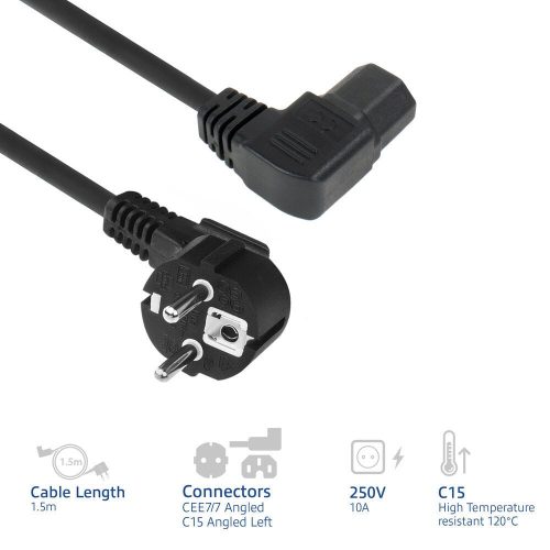 ACT Powercord mains connector Schuko CEE 7/7 male (angled) - C15 (angled left) IEC 60320 1,5m Black