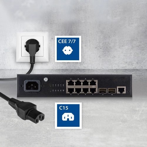 ACT Powercord mains connector Schuko CEE 7/7 male (angled) - C15 IEC 60320 2m Black