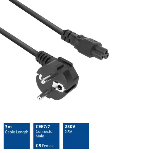 ACT Powercord mains connector Schuko CEE 7/7 male (angled) - C5 IEC 3m Black