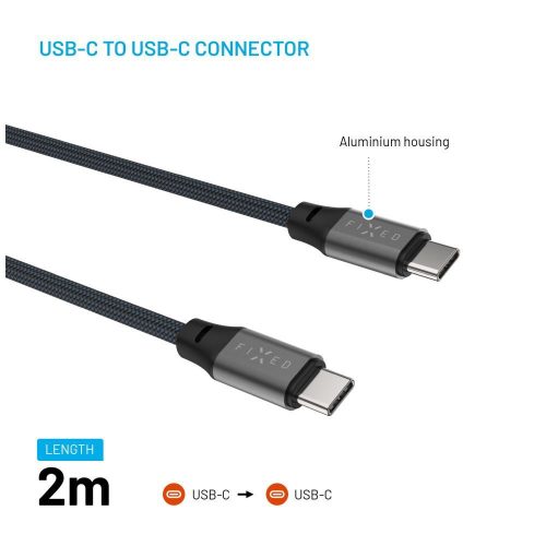 FIXED Mágneses fonott kábel, USB-C/USB-C 2m, szürke