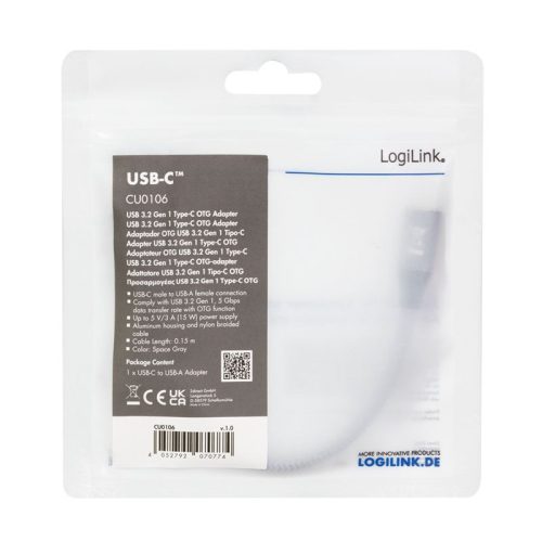 Logilink CU0106 USB 3.2 Gen1 Type-C adapter C/M to USB-A/F OTG 0,15m Dark Grey