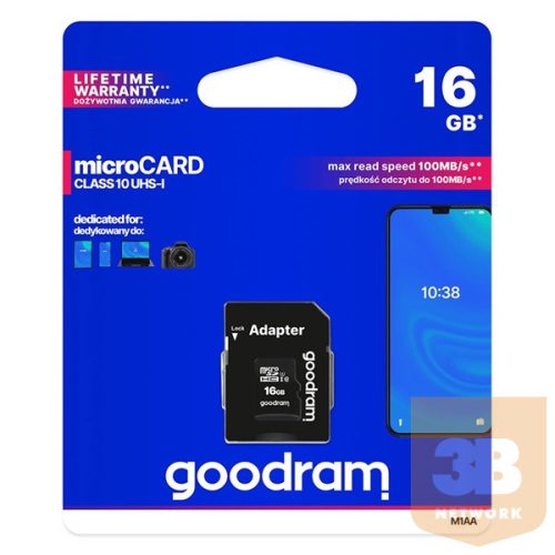 GOODRAM Memóriakártya 16GB MICRO CARD cl 10 UHS I + adapter