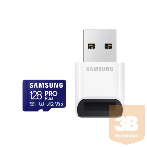 SAMSUNG Memóriakártya, PRO Plus + Reader microSDXC 128GB, CLASS 10, UHS-I, U3, V30, A2, R180/W130