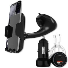   HADRON autós mobiltelefon tartó, 4”-7”-os készülékekhez, 60W-os 2xUSB szivargyújtó gyorstöltő és USB-C kábel