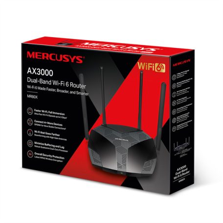 MERCUSYS Wireless Router Dual Band AX3000 1xWAN(1000Mbps) + 3xLAN(1000Mbps), MR80X