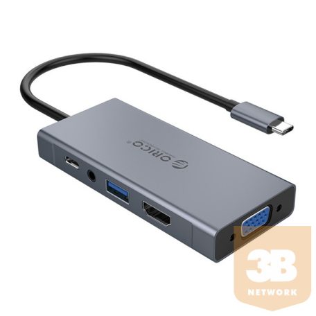 Orico Notebook Dokkoló - MC-U501P-GY (Bemenet: USB-C, Kimenet: USB-A/HDMI/VGA/Audio/PD, sötétszürke)