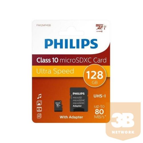 FL Philips Memóriakártya Micro SDXC 128GB Class 10 UHS-I U1 Adapterrel