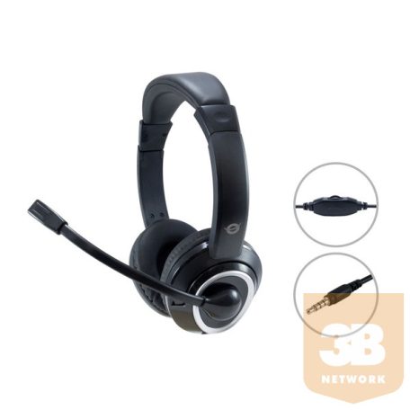Conceptronic Fejhallgató - POLONA02B (3.5mm Jack, hangerőszabályzó, felhajtható mikrofon, 200 cm kábel, fekete)