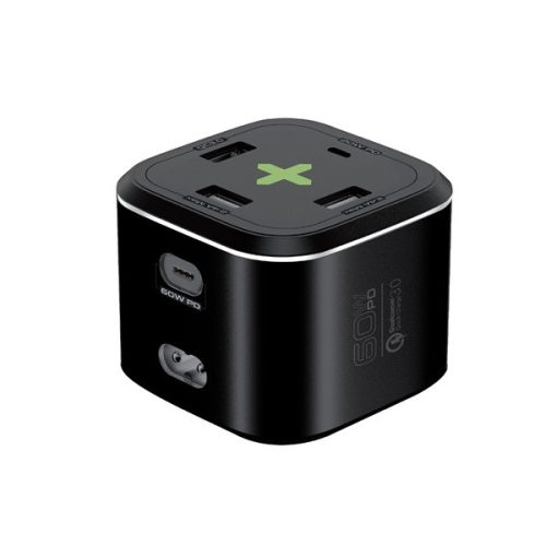 Promate Telefon töltő adapter - POWERCUBE PD80 (USB HUB, 3xUSB-A, 2xUSB-C, 60W PD, QC3.0, fekete)