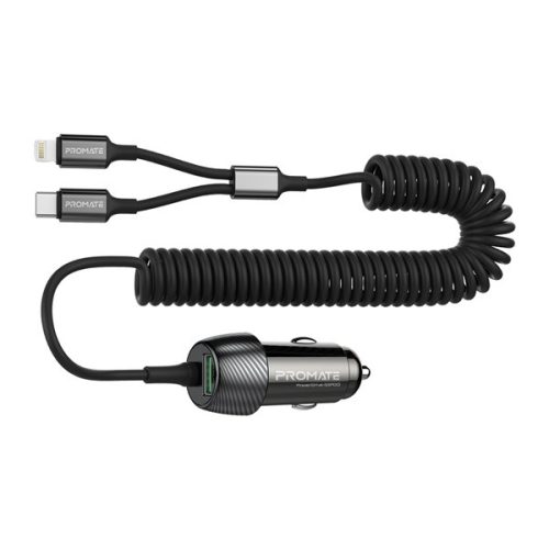 Promate Autós töltő - POWERDRIVE 33PDCI (Szivargyújtós, 2in1 kábel, 1xUSB-A, 33W PD, QC3.0, fekete)